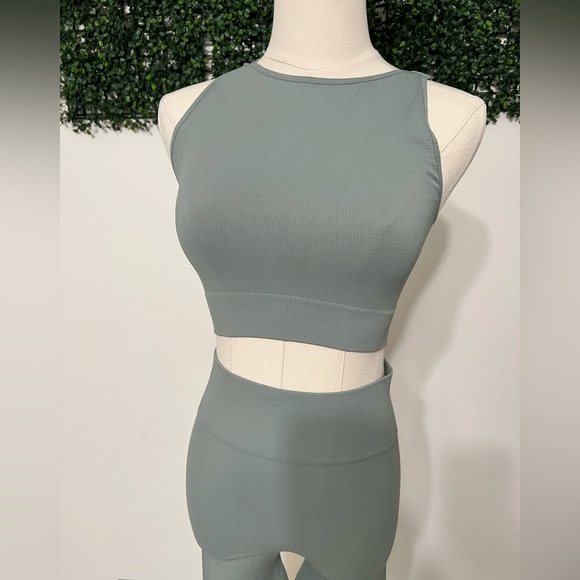 Lulus Pants - LuLus Sage Green Athletic Crop Top and High Waisted Leggings